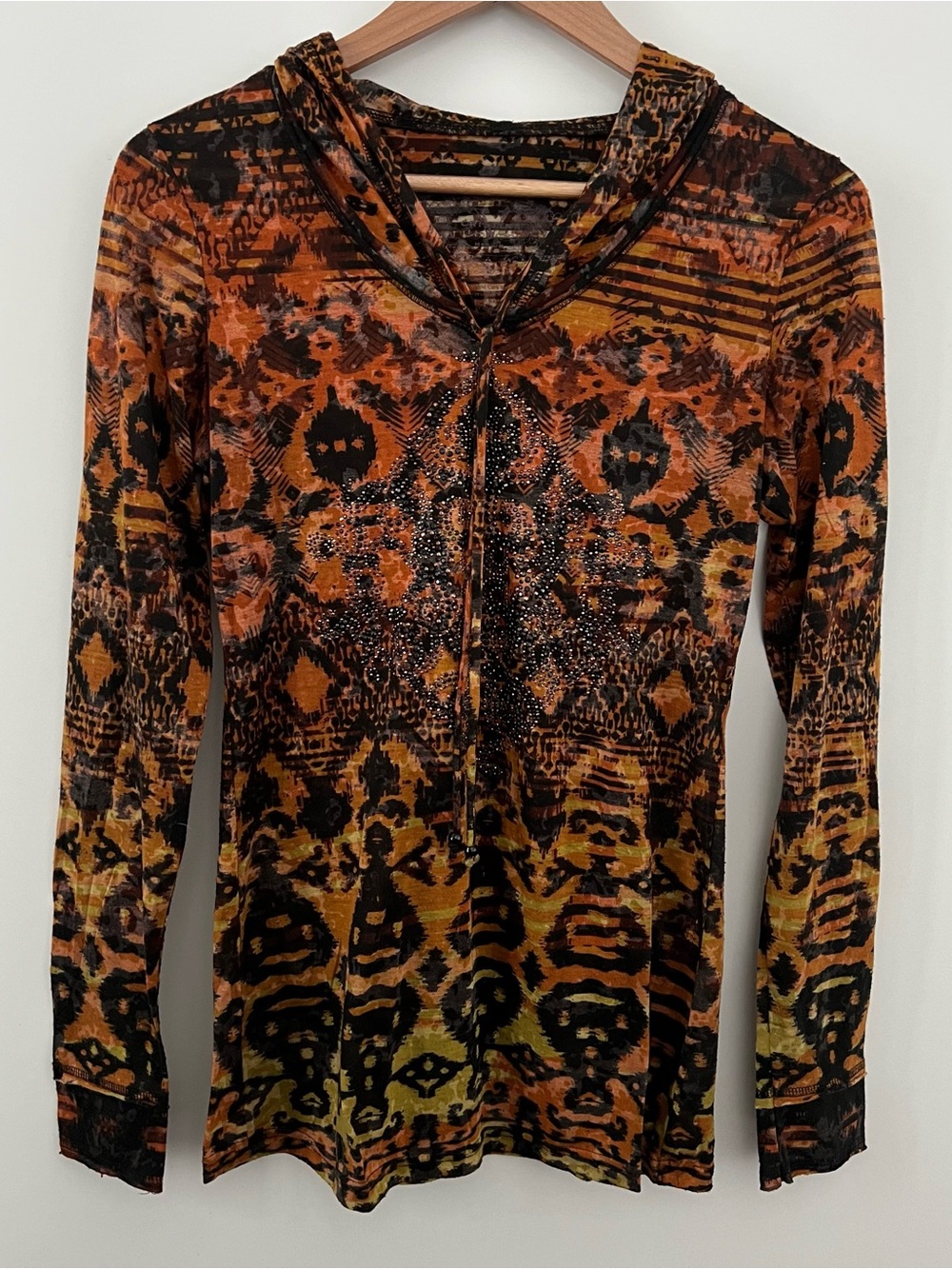 V Cristina Multi-Color Patterned Burnout Hooded Long Sleeve Top